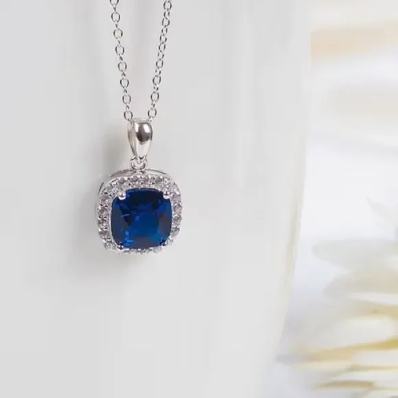 💙 Cushion Cut Blue Sapphire Cz Diamond Halo Necklace - Picture 12 of 14